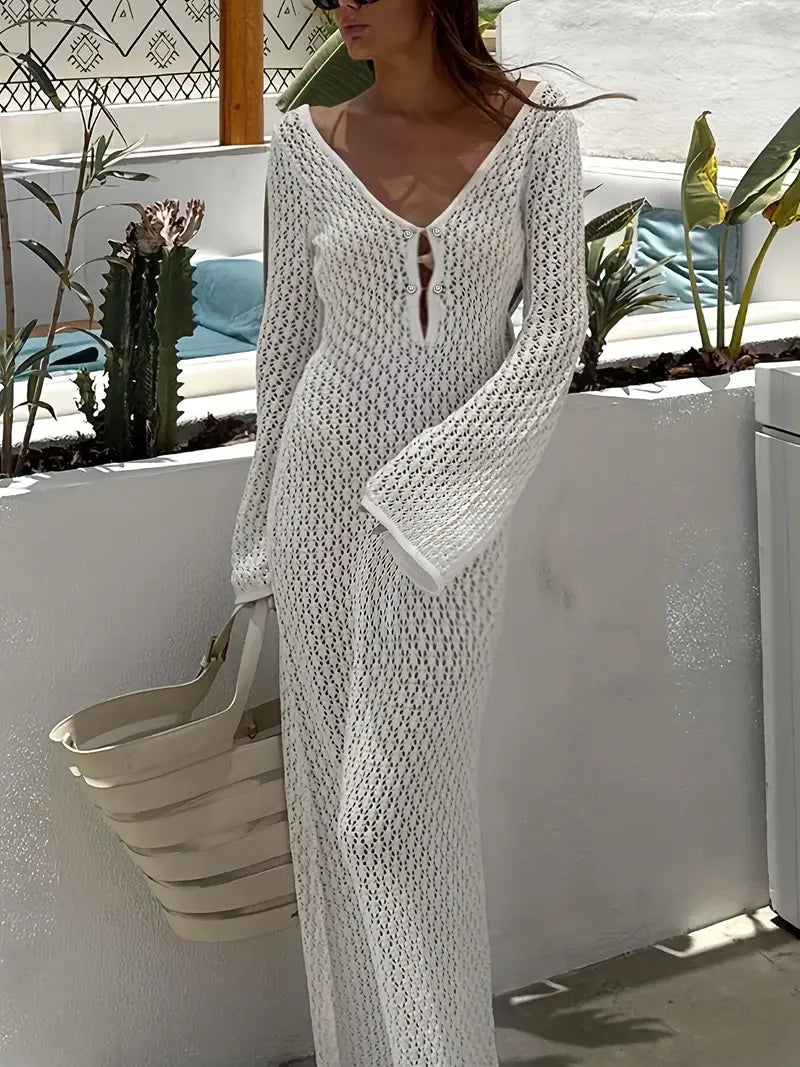 Robe Longue en Crochet à Manches Évasées – Style Plage Transparent