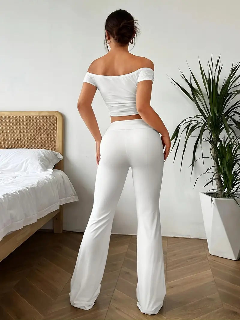 Ensemble Deux Pièces Épaules Dénudées – Top Court & Pantalon Évasé