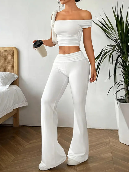 Ensemble Deux Pièces Épaules Dénudées – Top Court & Pantalon Évasé
