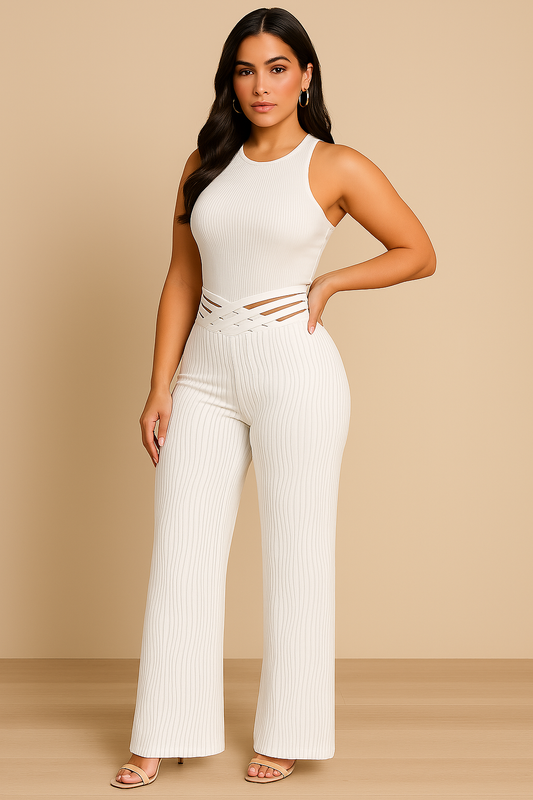 Pantalon Évasé Taille Haute à Détail Découpé