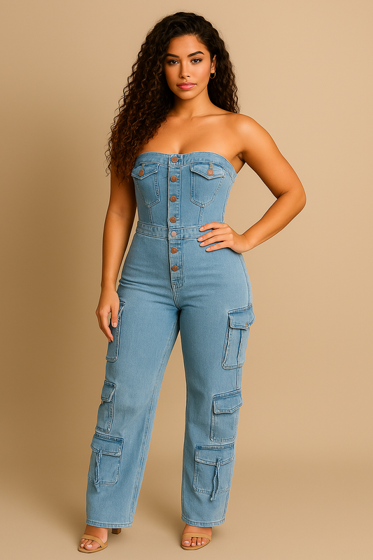 Combinaison Bustier en Jean avec Poches Cargo