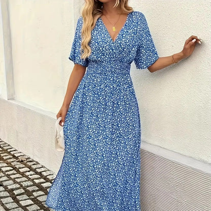 Robe Longue Fleurie à Taille Froncée et Fente Latérale